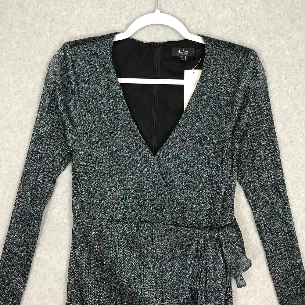 Aidan Mattox Teal‎ Metallic Wrap Dress Size 4 Bow Shimmer Party NYE Holiday Glam - Picture 2 of 16